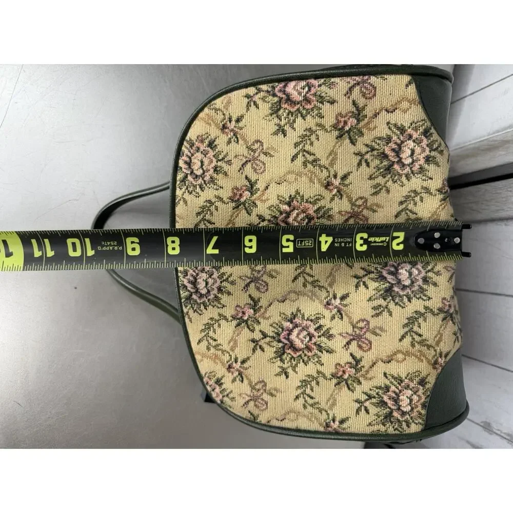 Vintage Tapestry Handbag Floral Petit Point Top Handle Purse 60s-70s Green Vinyl